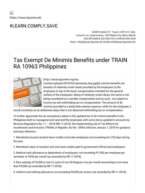 Tax Exempt De Minimis Benefits under TRAIN RA 10963 Philippines.